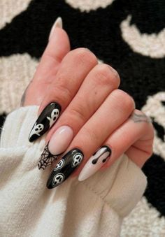 Cute Almond Nails Halloween, Halloween Nails Short Ghost, Spooky Nails Acrylic Almond, Nails 2024 Halloween, Press On Nails Halloween, Spooky Halloween Nails Almond, Halloween Nail Designs Stiletto, Spooky Nails Almond, Halloween Nails Acrylic Almond