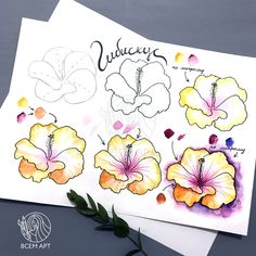 some watercolor flowers are sitting on top of paper with the words, happy birthday