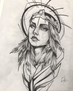 a drawing of a woman's face with feathers on her head and an arrow