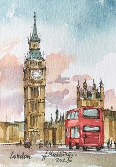 a watercolor painting of the big ben clock tower and red bus in london, england