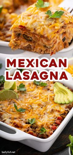 mexican lasagna in a white casserole dish