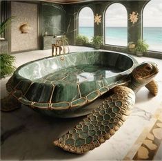 a large turtle shaped bathtub in a bathroom next to a window with an ocean view