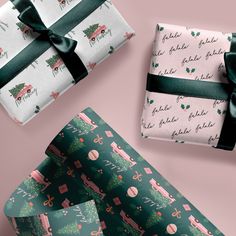 presents wrapped in green and pink wrapping paper