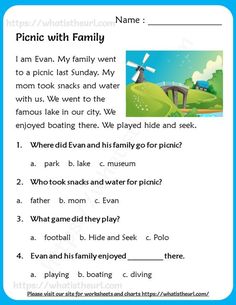 an english worksheet with pictures and words to describe the poem, picnic with family