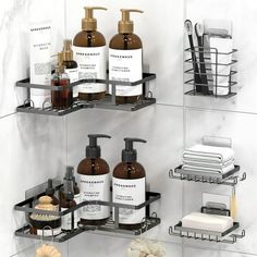 three shelves holding soap, lotion and other bathroom items