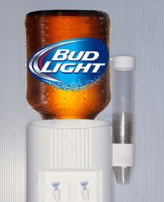 a bud light bottle sitting on top of a dispenser next to a wall