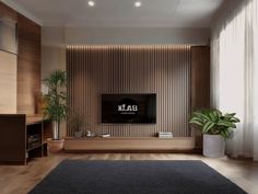 a modern living room with wood paneling on the wall and large tv mounted to the wall