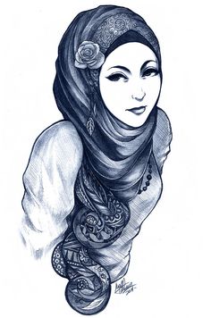 a drawing of a woman wearing a headscarf and scarf with flowers in her hair