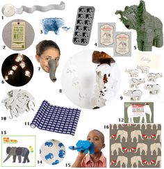 a collage of elephant and giraffe themed items