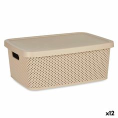 a beige plastic storage box with perfored holes on the front and side sides