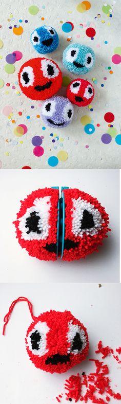 two pictures of red and white crocheted objects on a table with confetti sprinkles around them