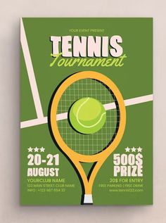 a tennis tournament flyer is shown with a racket and ball in the middle of it