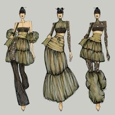 three different views of the same fashion design, one in brown and black with ruffled skirt