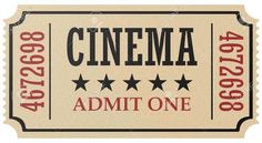 an old movie ticket with the words cinema admit one written in red and black on it