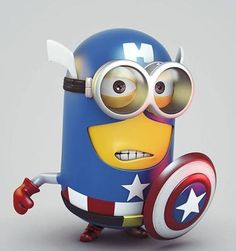 a minion with glasses and a captain america shield on it's chest, standing in front of a gray background