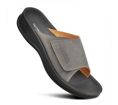 A contemporary spin on a classic, the Doris is a slide sandal that cradles your feet in comfort and looks amazing with anything from a sundress to your favorite denim. From Aerothotic. Comfortable Open Toe Slides With Ortholite Insole, Arch Support Sandals, Supportive Sandals, Womens Slides Sandals, Slides For Women, Support Women, Stylish Sandals, Womens Slides, Round Toe Heels