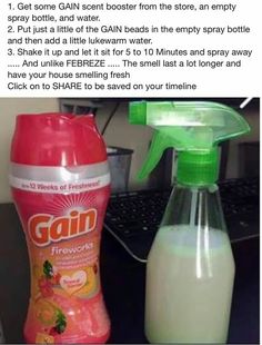 a bottle of gain next to a container of liquid on a computer desk with the caption'get some gai scent from the store, sprayer from the store,