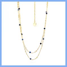 Two delicate golden chains are enhanced by tiny faceted beads of deep blue sodalite. 16" long with a 3" extender Handmade in Thailand and imported by Nakamol Chicago Double Chain Necklace, Murano Glass Jewelry, Bar Jewelry, Gift Totes, Blue Sodalite, Double Chain, Faceted Bead, Glass Jewelry, Sterling Ring