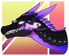 a drawing of a black dragon with purple eyes