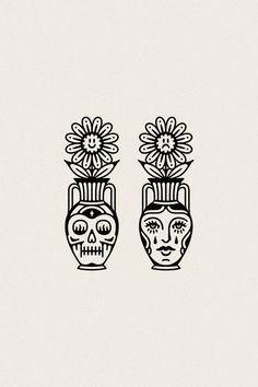 two black and white drawings of skulls with flowers in their heads on a light background