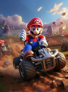 the mario kart is riding on an atv