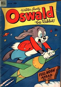 an old comic book cover with a cartoon rabbit flying on a rocket