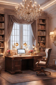 a desk with a laptop on it in front of a window and chandelier