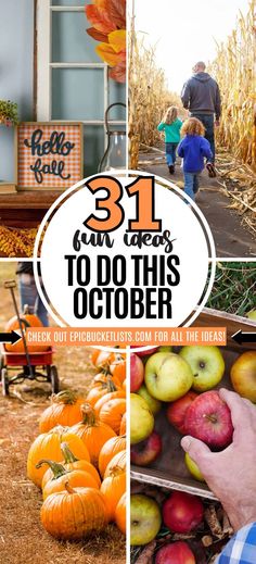 pumpkins, apples and corn on the farm with text overlay that reads 31 fun things to do this october