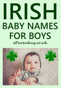 baby names for boys with four leaf clovers on the bottom and green text that says,