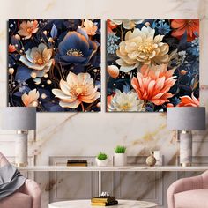 two floral paintings on the wall in a living room