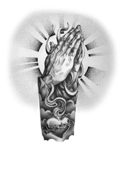 a drawing of a praying hand with clouds and sun rays around the arm, on a white background