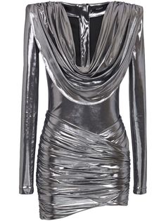 silver-tone lamé effect ruched detailing cowl neck concealed rear zip fastening shoulder pads long sleeves thigh-length Lame Dress, Metallic Mini Dresses, Silver Dress, Draped Dress, Lady Dior, Cowl Neck, Jacket Tops, Denim Dress, Jacket Dress