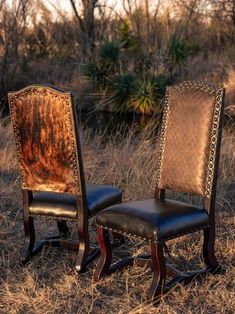 two chairs sitting side by side in the middle of a field with trees and bushes behind them