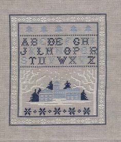 a cross stitch pattern with the letters and numbers on it, in grey linens