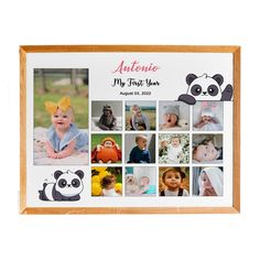 a wooden frame with pictures of babies and panda bears on it, in front of a white background