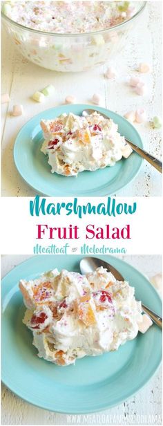 two plates with fruit salad on them and the words marshmallow fruit salad below