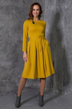 Mustard Dress, Yellow Dress, Plus Size Clothing, Dress For Women, Knee Length Dress, Long Sleeve Dre Yellow Solid Color A-line Midi Dress, Solid Color Knee-length Dresses With Side Pockets, Yellow A-line Midi Dress Solid Color, Mid-length Dresses With Pockets For Work, Midi Length Dresses With Side Pockets For Work, Midi Work Dress With Side Pockets, Solid Dresses With Slip Pockets, Mid-length Workwear Dresses With Pockets, Solid Knee-length Dress With Pockets