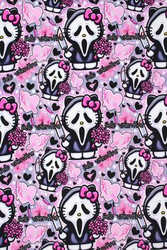 a pink and black hello kitty wallpaper with skulls, hearts, and flowers on it