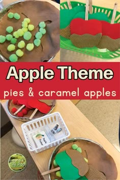 apple theme pies and caramel apples on a table with the title overlay that says apple theme pies and caramel apples