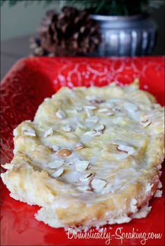 a close up of food on a plate with pine cones in the backgroud