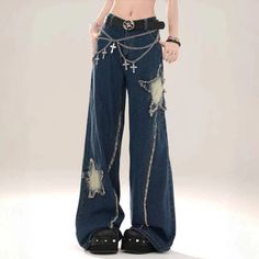 DetailsMaterial: PolyesterClosure Type: Button fly High Waist Baggy Pants, Patched Jeans, Grunge Goth, Baggy Pants, Girls High, Denim Trousers, Fall Outfits Women, Jeans Brands, Womens Fall