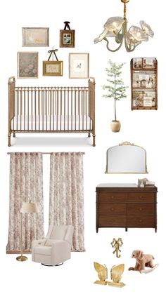 a baby's room is shown with gold and white accessories, including a crib,