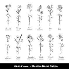 the birth flower / custom name tattoo is shown in black and white, with flowers drawn on