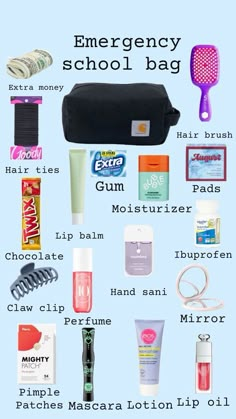 the contents of an emergency school bag are shown in this graphic above it's description