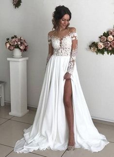 Elegant Long A-line Chiffon Lace Long Sleeves Wedding Dress with Slit-BIZTUNNEL