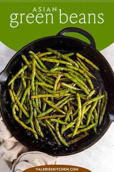 green beans in a skillet with text overlay