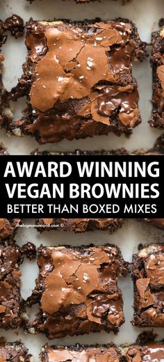 brownies with chocolate frosting on top and the words, award winning vegan brownies better than boxed mixes