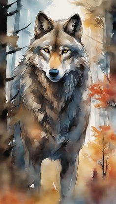 a painting of a wolf in the woods