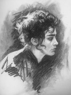 a black and white drawing of a woman's head with her hair pulled back