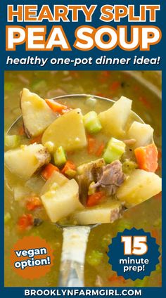 a ladle pulling out a helping of soup with broth, potatoes, ham, onions, carrots and celery